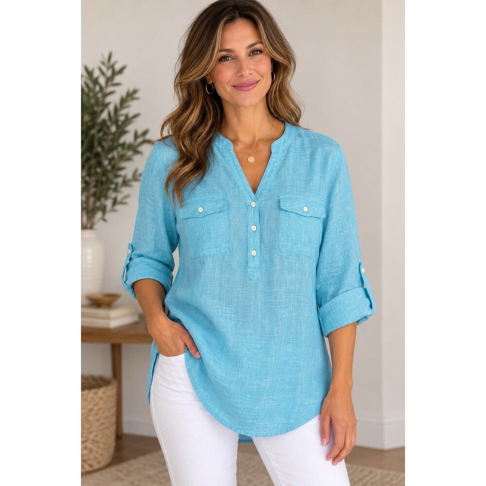 Talbots Linen Look Tunic Top L Blue Roll Tab Sleeve Boho Coastal Cottagecore